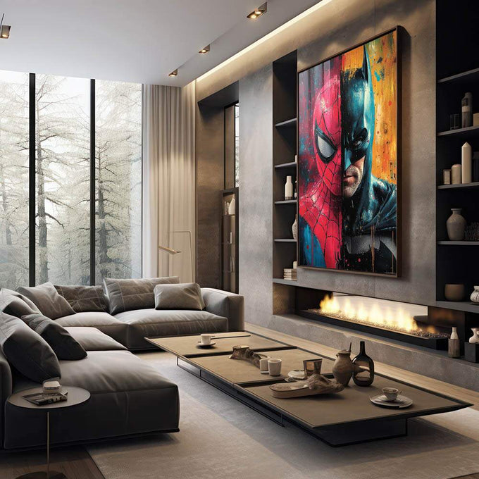 Quadro Decorativo Confronto Épico entre Morcego e Aranha - quadros decorativos 1 Tela Vertical, 3 Telas - em escritorio elegante
