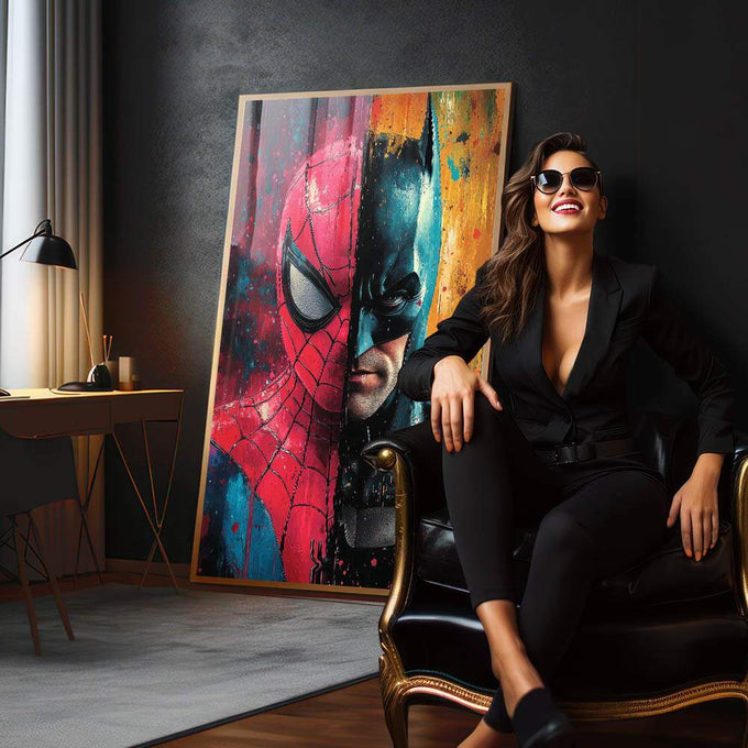 Quadro Decorativo Confronto Épico entre Morcego e Aranha - quadros decorativos para sala 1 Tela Vertical, 3 Telas - em living room premium