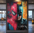 Quadro Decorativo Confronto Épico entre Morcego e Aranha - quadros decorativos para sala 1 Tela Vertical, 3 Telas - em ambiente decorado