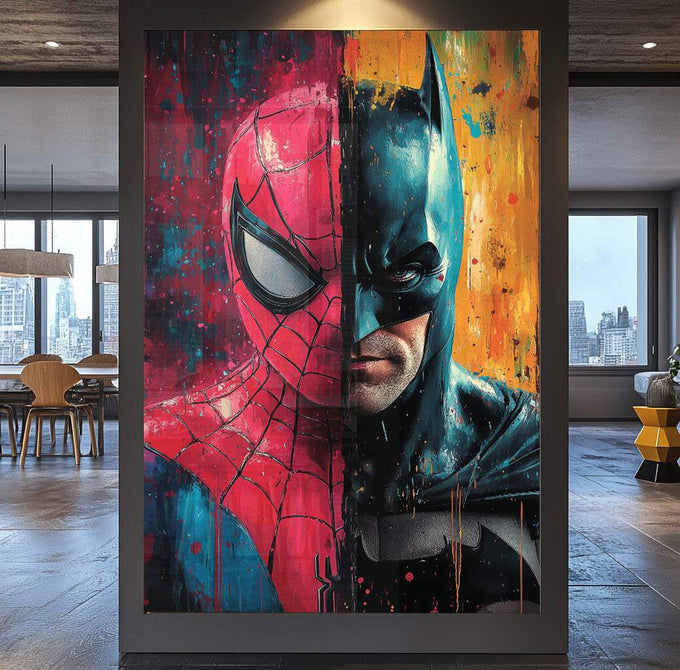 Quadro Decorativo Confronto Épico entre Morcego e Aranha - quadros decorativos para sala 1 Tela Vertical, 3 Telas - em ambiente decorado