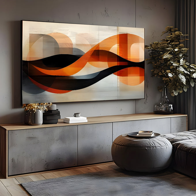 Ondas abstratas laranja e preto com arcos geométricos translúcidos sobre fundo bege, quadro decorativo