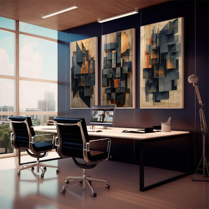 Quadro Decorativo Abstrato Moderno em Formas Geométricas - quadros decorativos 1 Tela Vertical, 3 Telas - em sala moderna