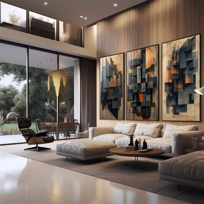 Quadro Decorativo Abstrato Moderno em Formas Geométricas - quadros decorativos para sala 1 Tela Vertical, 3 Telas - em quarto contemporaneo