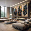 Quadro Decorativo Abstrato Moderno em Formas Geométricas - quadros decorativos 1 Tela Vertical, 3 Telas - em escritorio elegante