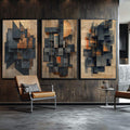 Quadro Decorativo Abstrato Moderno em Formas Geométricas - quadros decorativos para sala 1 Tela Vertical, 3 Telas - em ambiente decorado