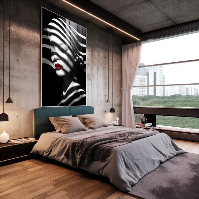 Quadro Decorativo Minimalista Mulher em Preto e Branco - quadros decorativos 1 Tela Vertical, 3 Telas - em sala moderna