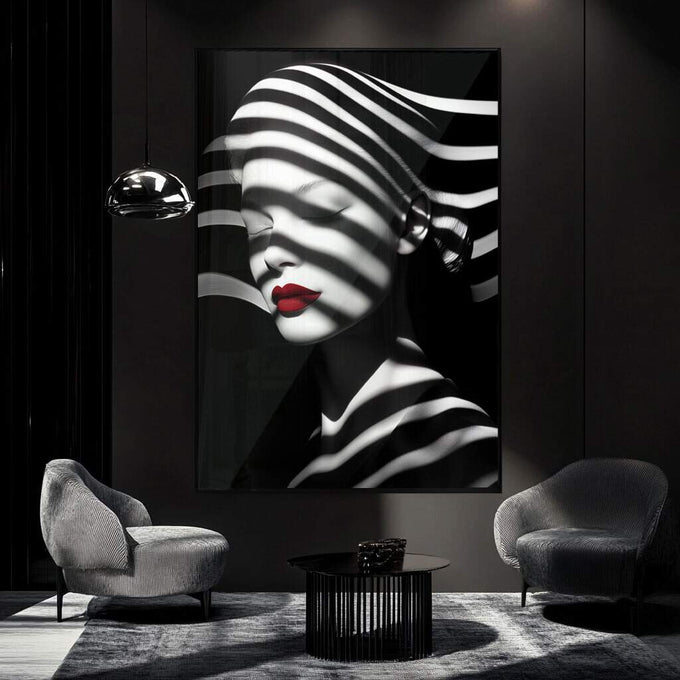 Quadro Decorativo Minimalista Mulher em Preto e Branco - quadros decorativos para sala 1 Tela Vertical, 3 Telas - em ambiente decorado
