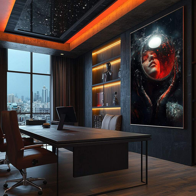 Quadro Decorativo Olhares do Espaço - Emoções em Cada Detalhe - quadros decorativos para sala 1 Tela Vertical, 3 Telas - em ambiente decorado