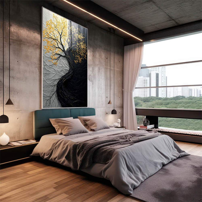 Quadro Decorativo Árvore da Vida Preto e Branco - quadros decorativos 1 Tela Vertical, 3 Telas - em sala moderna