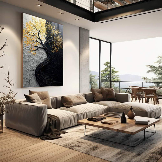 Quadro Decorativo Árvore da Vida Preto e Branco - quadros decorativos para sala 1 Tela Vertical, 3 Telas - em quarto contemporaneo