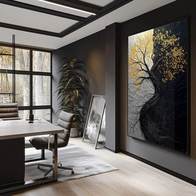 Quadro Decorativo Árvore da Vida Preto e Branco - quadros decorativos para sala 1 Tela Vertical, 3 Telas - em ambiente decorado