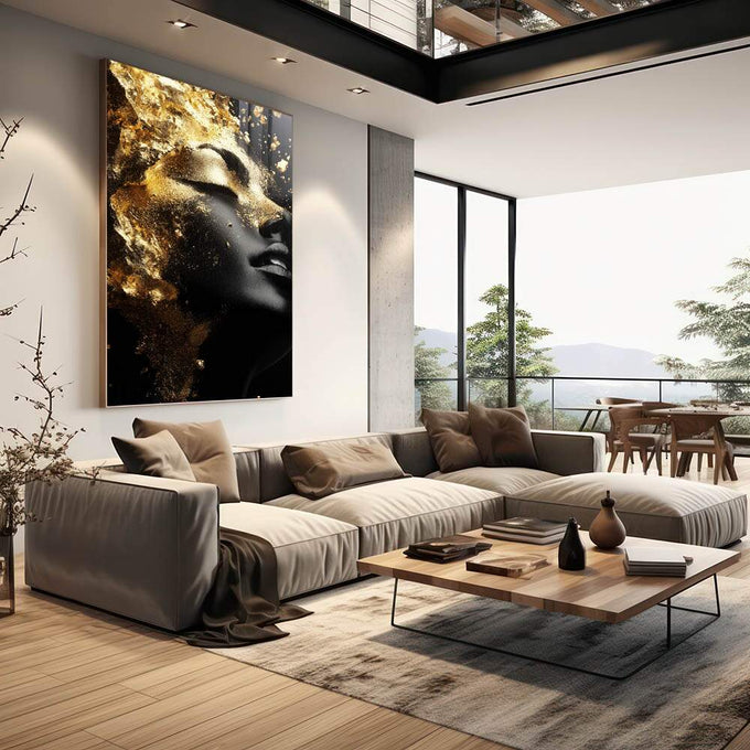 Quadro Decorativo Elegante Reflexão da Mulher Gold - quadros decorativos 1 Tela Vertical, 3 Telas - em sala moderna
