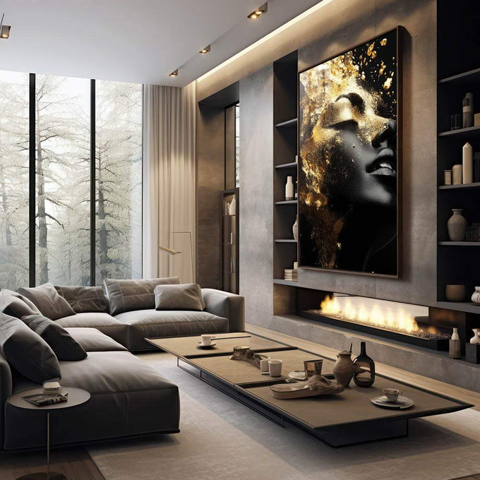 Quadro Decorativo Elegante Reflexão da Mulher Gold - quadros decorativos para sala 1 Tela Vertical, 3 Telas - em quarto contemporaneo