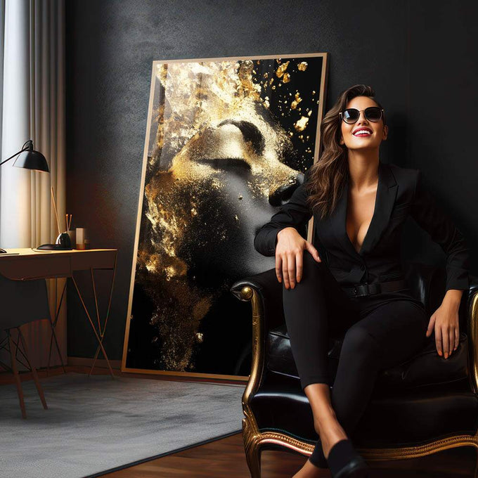 Quadro Decorativo Elegante Reflexão da Mulher Gold - quadros decorativos 1 Tela Vertical, 3 Telas - em escritorio elegante
