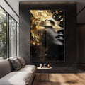 Quadro Decorativo Elegante Reflexão da Mulher Gold - quadros decorativos para sala 1 Tela Vertical, 3 Telas - em ambiente decorado