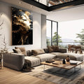 Quadro Decorativo Reflexão Profunda Mulher Gold - quadros decorativos 1 Tela Vertical, 3 Telas - em sala moderna