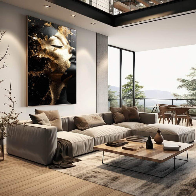 Quadro Decorativo Reflexão Profunda Mulher Gold - quadros decorativos 1 Tela Vertical, 3 Telas - em sala moderna