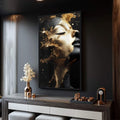 Quadro Decorativo Reflexão Profunda Mulher Gold - quadros decorativos para sala 1 Tela Vertical, 3 Telas - em ambiente decorado