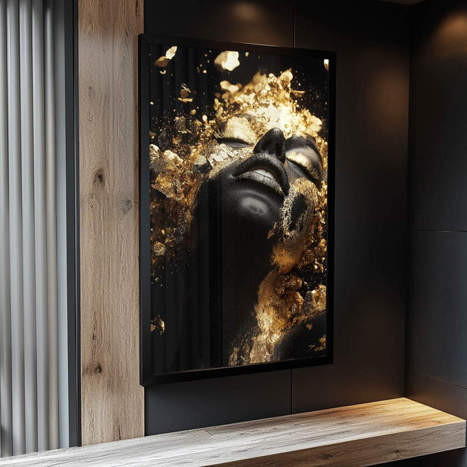 Quadro Decorativo Brilho da Beleza Sobre Gold - quadros decorativos para sala 1 Tela Vertical, 3 Telas - em ambiente decorado