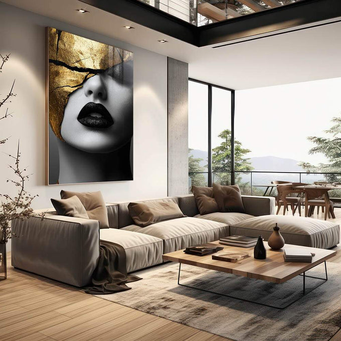 Quadro Decorativo Reflexão Feminina Gold - quadros decorativos 1 Tela Vertical, 3 Telas - em sala moderna