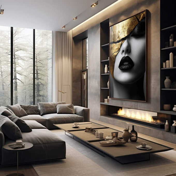 Quadro Decorativo Reflexão Feminina Gold - quadros decorativos para sala 1 Tela Vertical, 3 Telas - em quarto contemporaneo