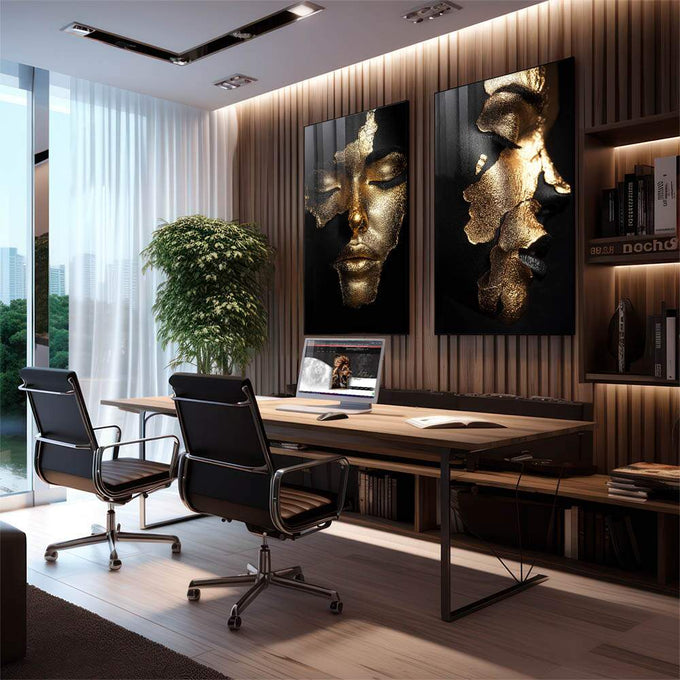 Quadro Decorativo A Reflexão das Mulheres em Gold - quadros decorativos para sala 2 Telas, arte contemporânea - em living room premium