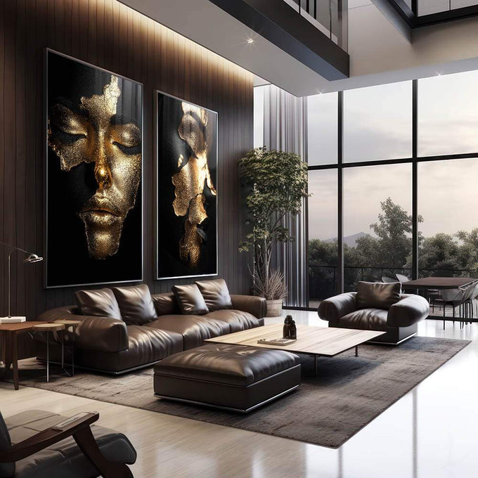 Quadro Decorativo A Reflexão das Mulheres em Gold - quadros decorativos 2 Telas, arte contemporânea - em escritorio elegante
