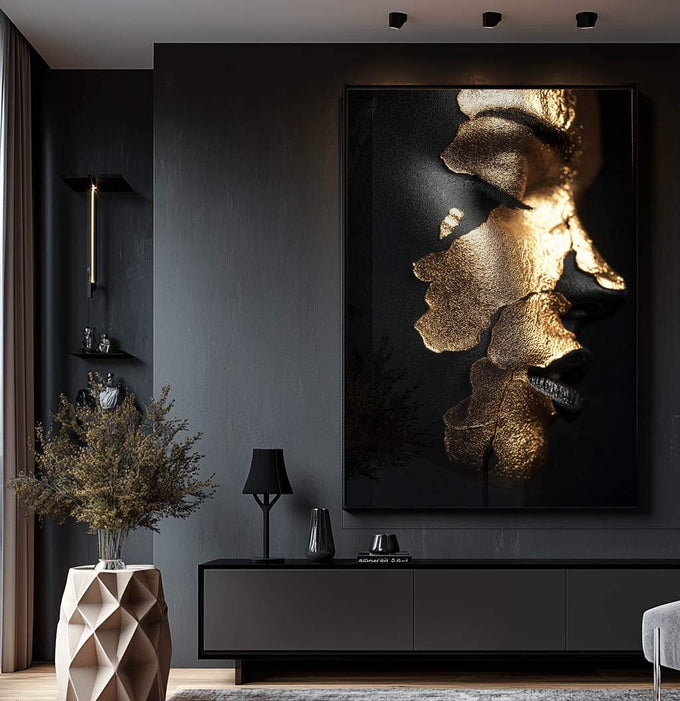 Quadro Decorativo Profundidade da Mulher Gold - quadros decorativos para sala 1 Tela Vertical, 3 Telas - em ambiente decorado