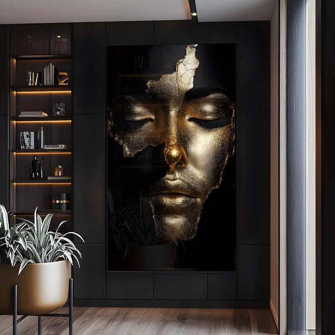 Rosto feminino de olhos fechados coberto por folha de ouro sobre fundo preto, quadro decorativo