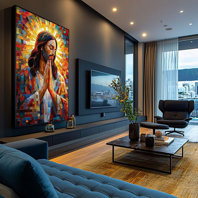 Quadro Decorativo Espiritual Jesus - Arte da Esperança - quadros decorativos para sala 1 Tela Vertical, 3 Telas - em ambiente decorado