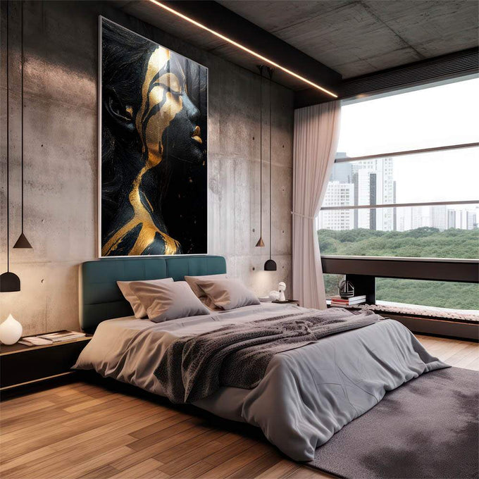 Quadro Decorativo Glamorosos Detalhes da Mulher em Dourado - quadros decorativos 1 Tela Vertical, 3 Telas - em sala moderna