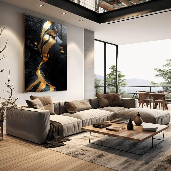 Quadro Decorativo Glamorosos Detalhes da Mulher em Dourado - quadros decorativos para sala 1 Tela Vertical, 3 Telas - em quarto contemporaneo