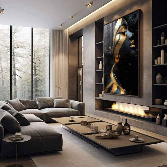 Quadro Decorativo Glamorosos Detalhes da Mulher em Dourado - quadros decorativos 1 Tela Vertical, 3 Telas - em escritorio elegante