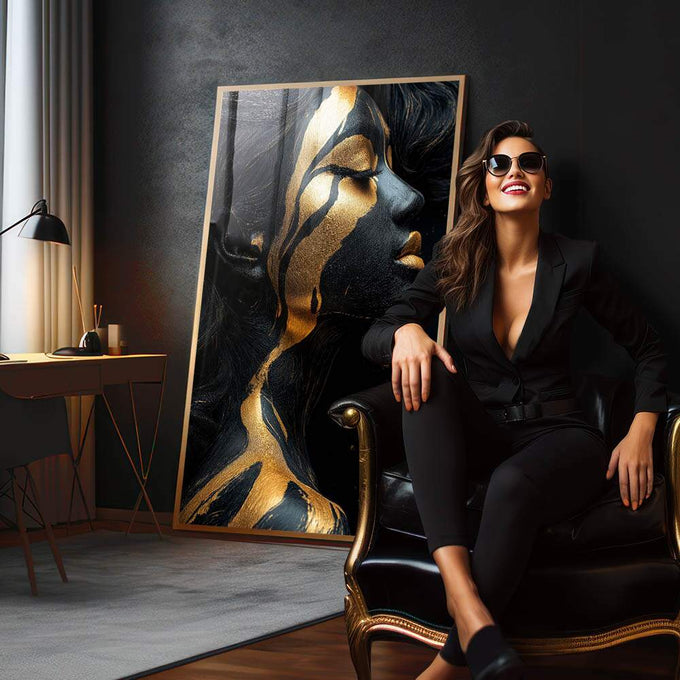 Quadro Decorativo Glamorosos Detalhes da Mulher em Dourado - quadros decorativos para sala 1 Tela Vertical, 3 Telas - em living room premium