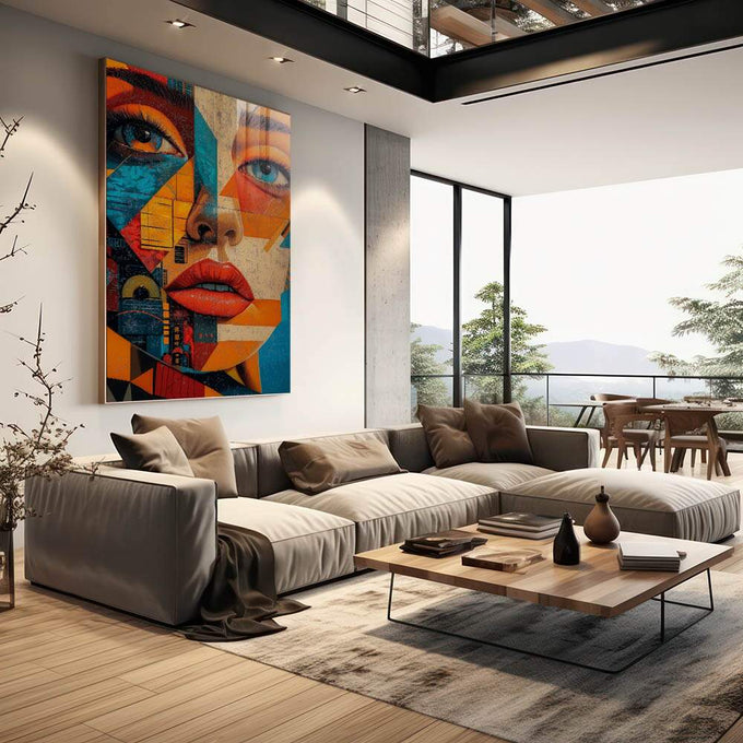 Quadro Decorativo Abstração Feminina - quadros decorativos 1 Tela Vertical, 3 Telas - em sala moderna