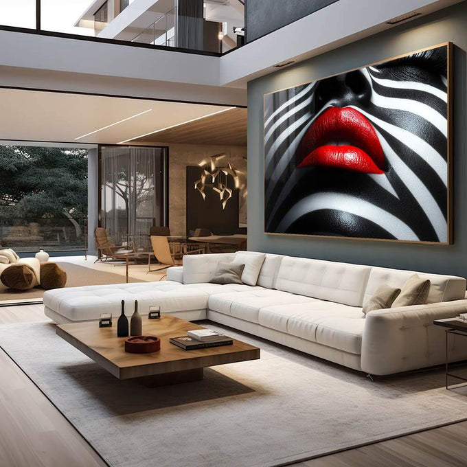 Quadro Decorativo Mulher Dos Lábios Carnudos em Cores Vibrantes - quadros decorativos 1 Tela, 1 Tela Horizontal - em sala moderna
