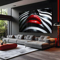 Lábios vermelhos brilhantes sobre rosto com listras zebra em preto e branco, quadro decorativo