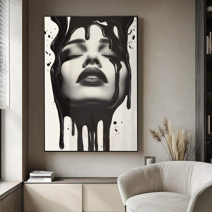 Quadro Decorativo A Profundidade da Mulher - quadros decorativos para sala 1 Tela Vertical, 3 Telas - em ambiente decorado