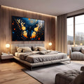 Borboleta de asas abertas em azul, amarelo e laranja sobre fundo escuro com pontos de luz, quadro decorativo