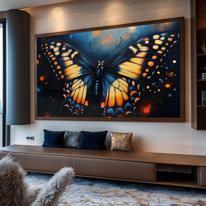 Quadro Decorativo de Borboleta Abstrato - quadros decorativos para sala 1 Tela, 1 Tela Horizontal - em ambiente decorado