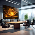 Flor de lótus dourada com pétalas translúcidas e partículas de luz sobre fundo preto, quadro decorativo