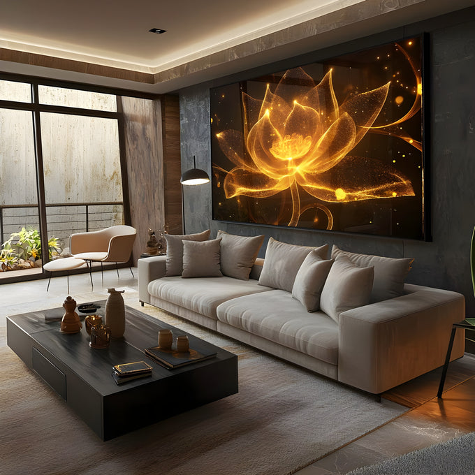 Flor de lótus dourada com pétalas translúcidas e partículas de luz sobre fundo preto, quadro decorativo