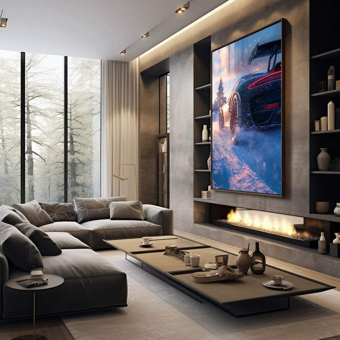 Quadro Decorativo Alta Velocidade Sobre a Neve - quadros decorativos 1 Tela Vertical, 3 Telas - em sala moderna