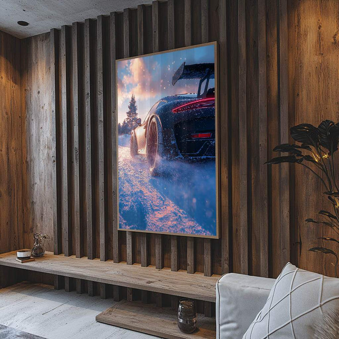 Quadro Decorativo Alta Velocidade Sobre a Neve - quadros decorativos para sala 1 Tela Vertical, 3 Telas - em ambiente decorado