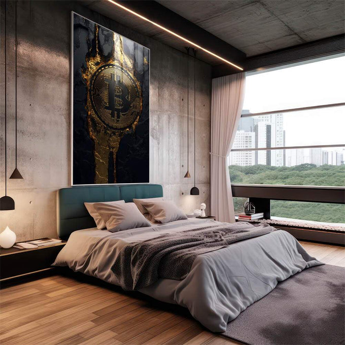 Quadro Decorativo O Poder do Bitcoin - quadros decorativos 1 Tela Vertical, 3 Telas - em escritorio elegante