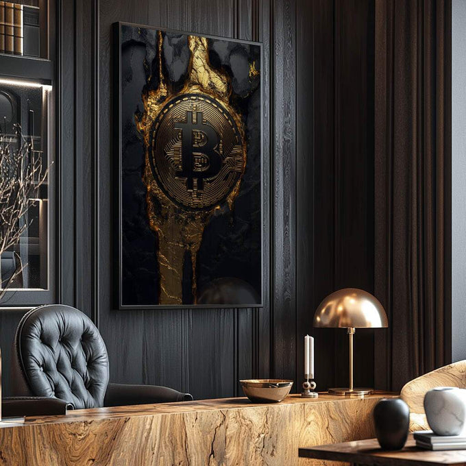 Quadro Decorativo O Poder do Bitcoin - quadros decorativos para sala 1 Tela Vertical, 3 Telas - em ambiente decorado