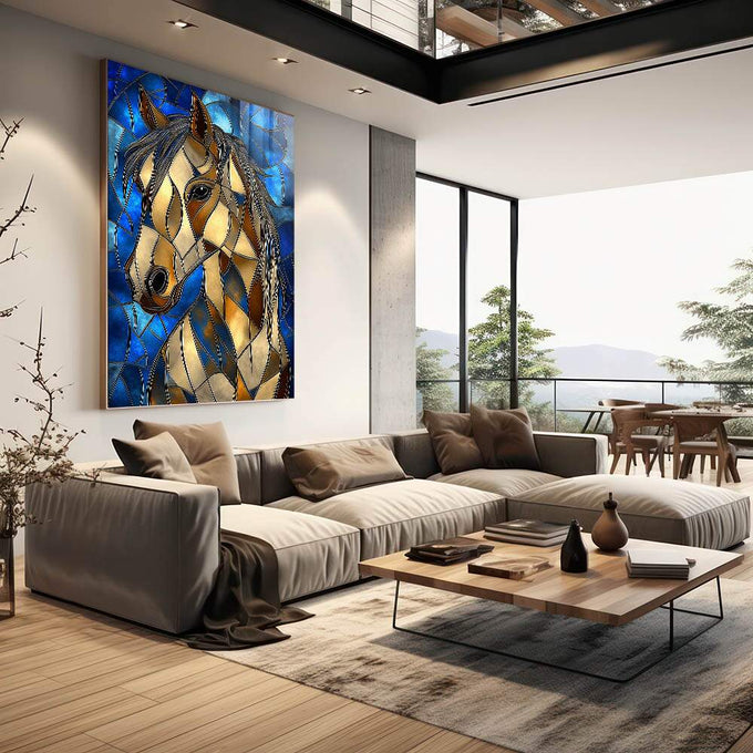 Quadro Decorativo Cavalo Abstrato - quadros decorativos 1 Tela Vertical, 3 Telas - em sala moderna
