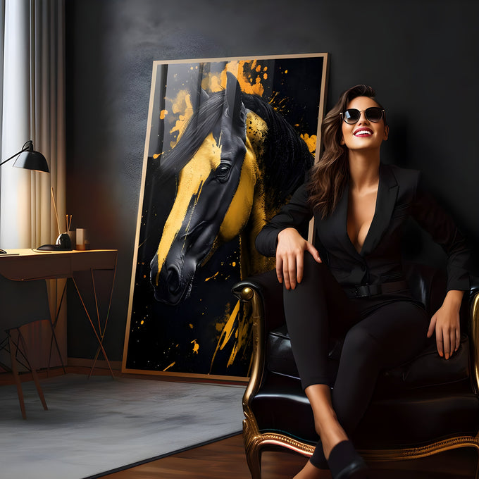 Cabeça de cavalo preto com manchas douradas e respingos de tinta sobre fundo preto, quadro decorativo