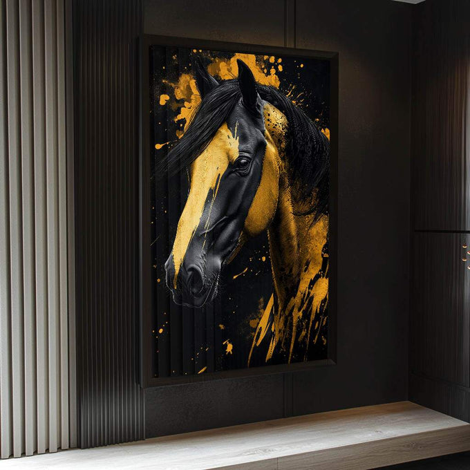 Quadro Decorativo Cavalo Abstrato Arte em Tons Amarelados - quadros decorativos para sala 1 Tela Vertical, 3 Telas - em ambiente decorado