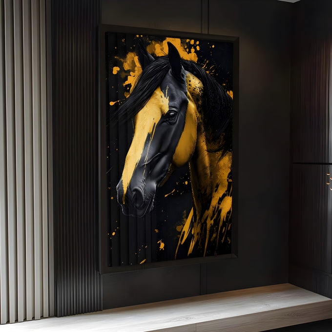 Cabeça de cavalo preto com manchas douradas e respingos de tinta sobre fundo preto, quadro decorativo